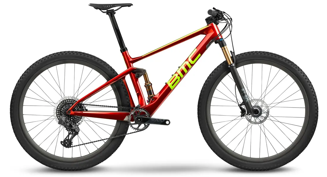 BMC Fourstroke 01 Mountainbike in Rot, Grün und Schwarz, Seitenansicht
